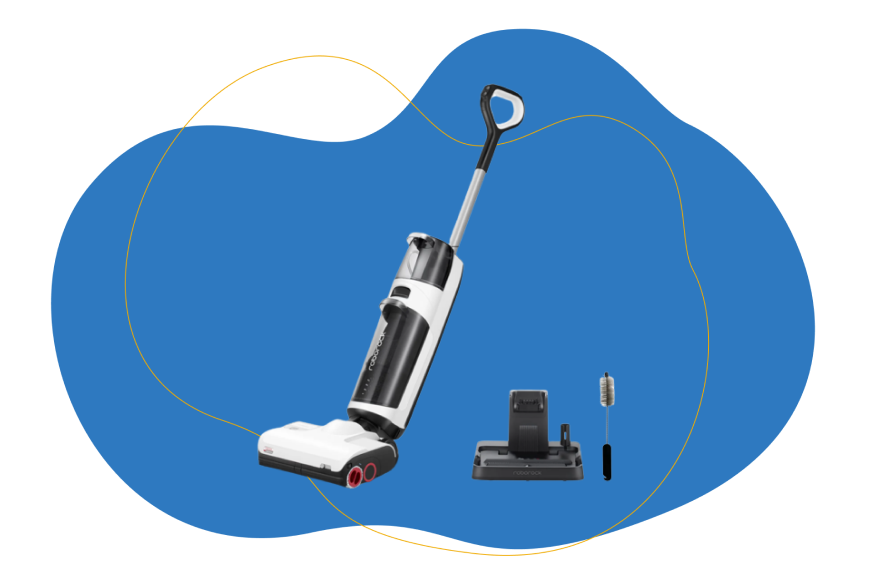 Roborock Dyad mit Zubehör auf blauem Hintergrund